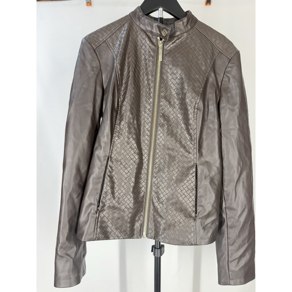 GUESS Women's Brown Leather Collared Full Zip Short Jacket Size M Long Sleeve